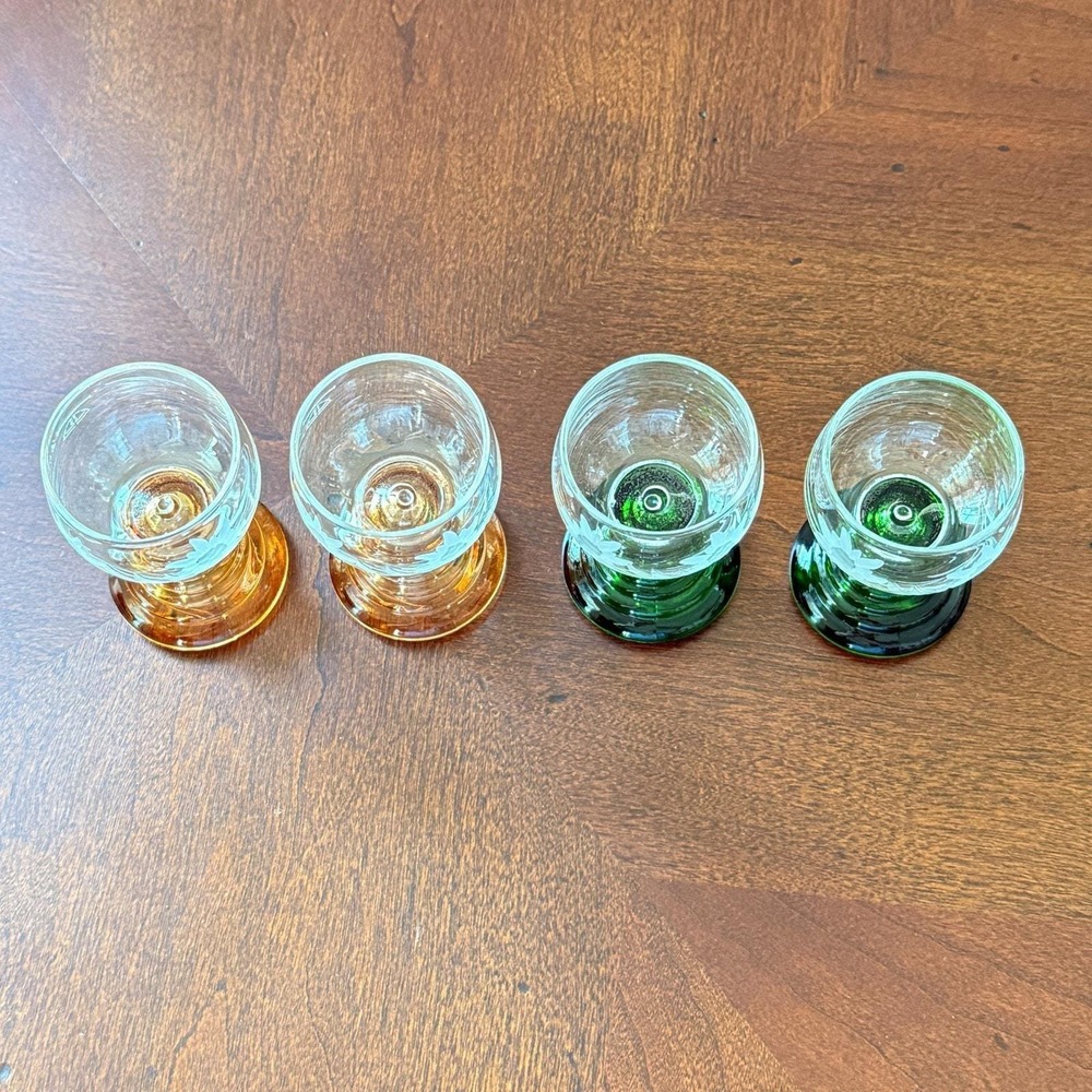 Beehive Stem Shot Glasses Small Etched Floral (4) 2 5/8" Tall Vintage Barware - Picture 2 of 8